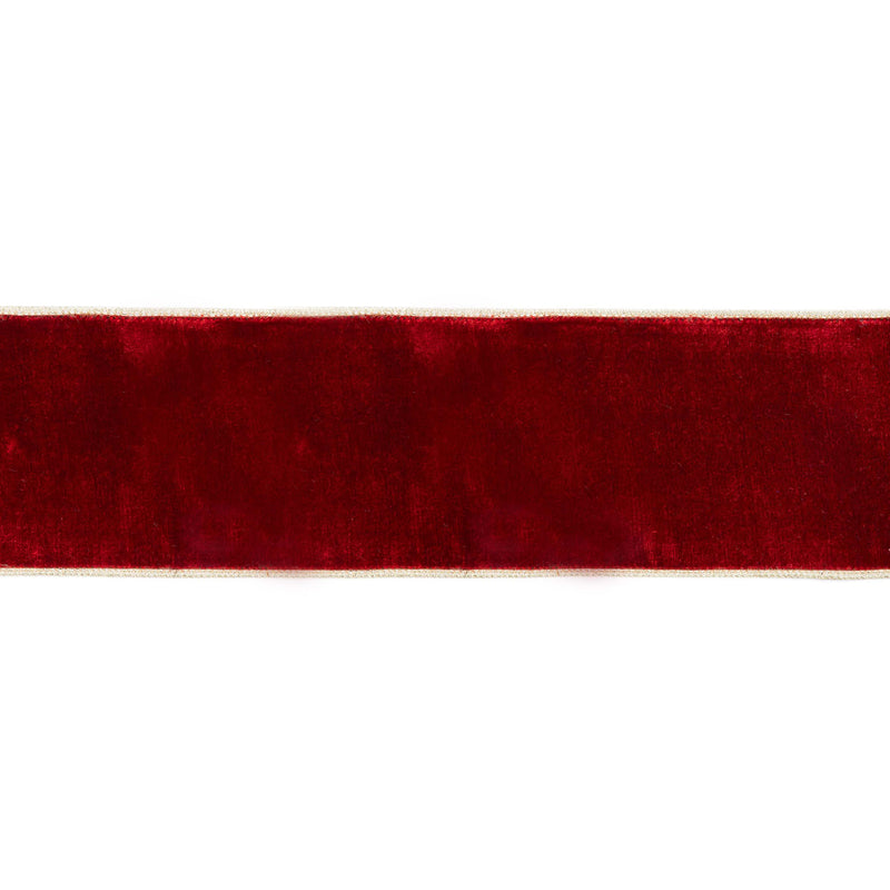 4" Wired Premium Velvet Ribbon | Red w/ Gold Metallic Backing | 10 Yard Roll