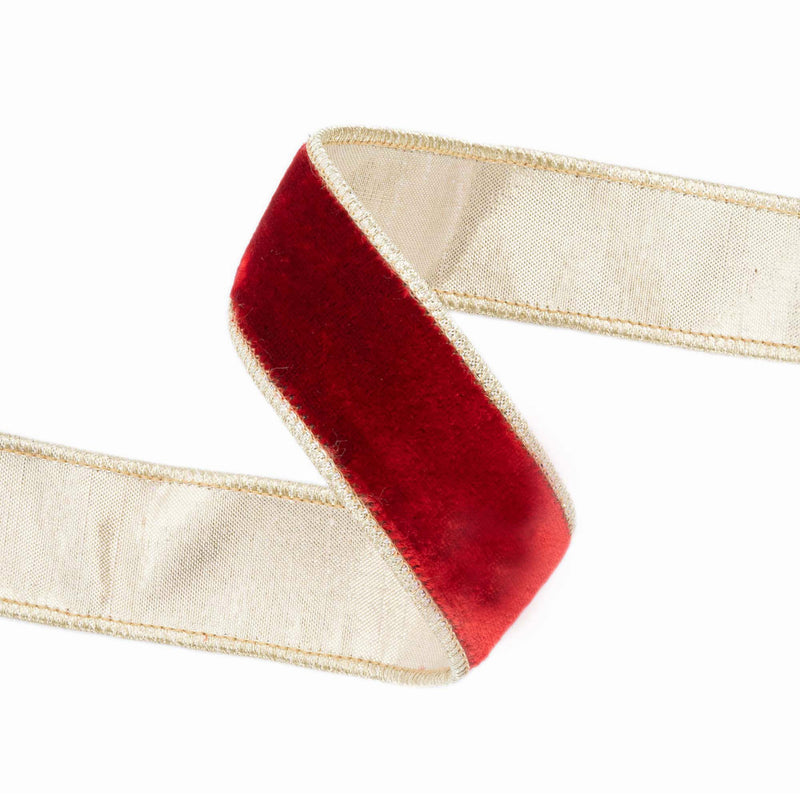 1 1/2" Wired Premium Velvet Ribbon | Red w/ Gold Metallic Backing | 10 Yard Roll