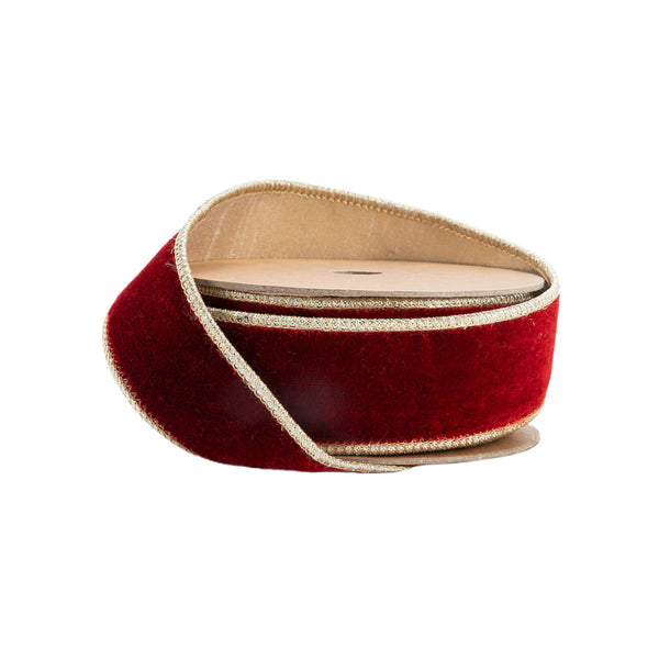 1 1/2" Wired Premium Velvet Ribbon | Red w/ Gold Metallic Backing | 10 Yard Roll