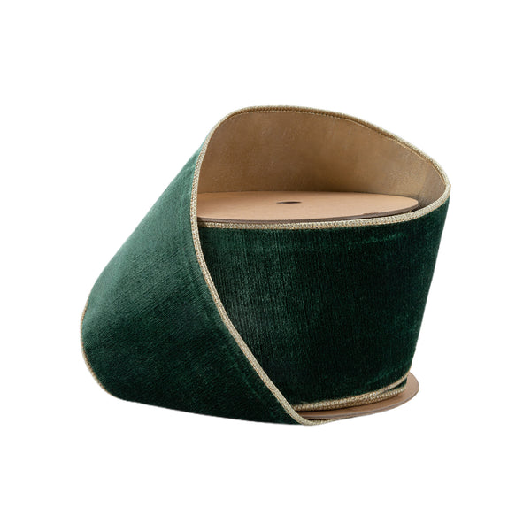 4" Wired Premium Velvet Ribbon | Dark Green w/ Gold Metallic Backing | 10 Yard Roll