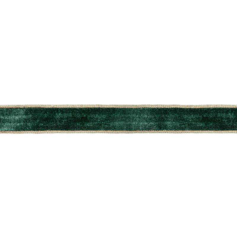 1 1/2" Wired Premium Velvet Ribbon | Dark Green w/ Gold Metallic Backing | 10 Yard Roll