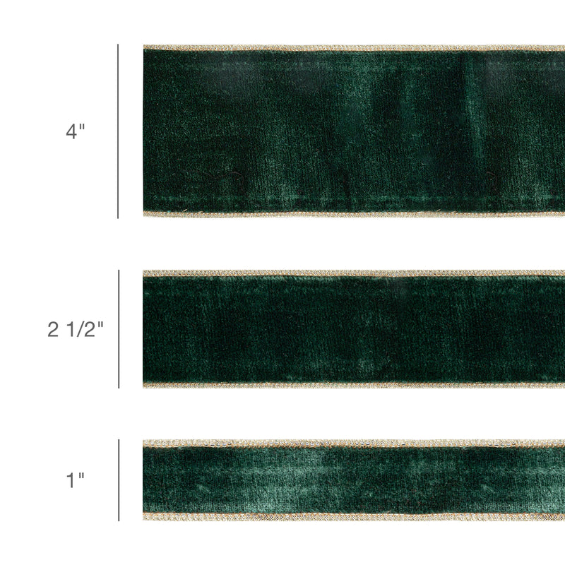 1 1/2" Wired Premium Velvet Ribbon | Dark Green w/ Gold Metallic Backing | 10 Yard Roll