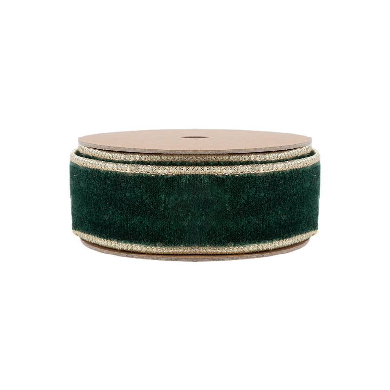 1 1/2" Wired Premium Velvet Ribbon | Dark Green w/ Gold Metallic Backing | 10 Yard Roll
