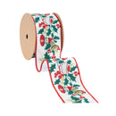 4" Wired Ribbon | Vintage Holly and Bells on Off-White | 10 Yard Roll