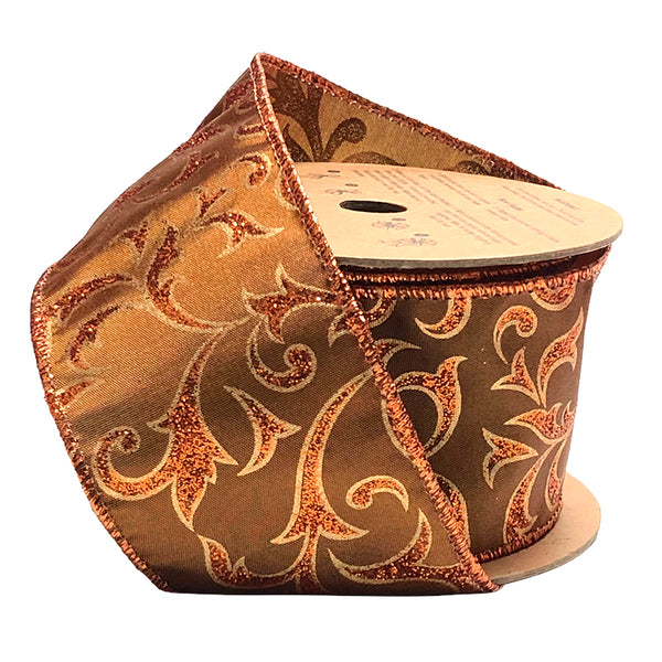 2 1/2" Wired Ribbon | "Glitter Brocade" Brown/Copper | 10 Yard Roll