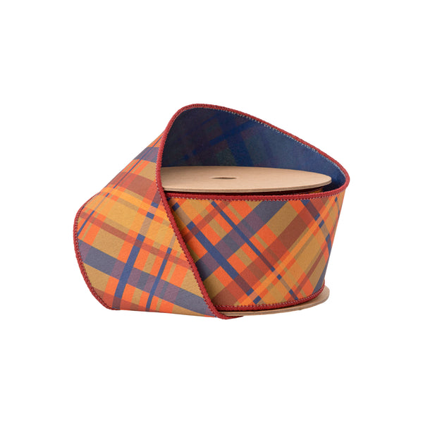 2 1/2" Wired Dupioni | Fall Bais Plaid Blue/Orange with Blue Backing | 10 Yard Spool