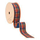 1 1/2" Wired Dupioni | Fall Plaid Blue/Orange with Blue Backing | 10 Yard Spool