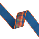 1 1/2" Wired Dupioni | Fall Plaid Blue/Orange with Blue Backing | 10 Yard Spool