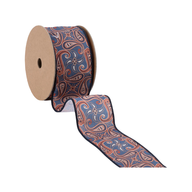 2 1/2" Wired Dupioni | Blue/Orange Paisley | 10 Yard Roll