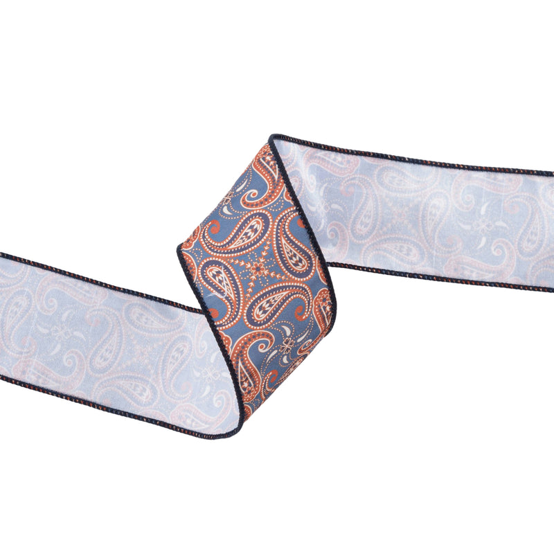 2 1/2" Wired Dupioni | Blue/Orange Paisley | 10 Yard Roll