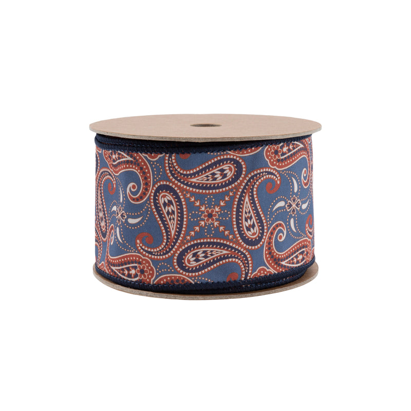 2 1/2" Wired Dupioni | Blue/Orange Paisley | 10 Yard Roll