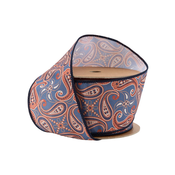2 1/2" Wired Dupioni | Blue/Orange Paisley | 10 Yard Roll
