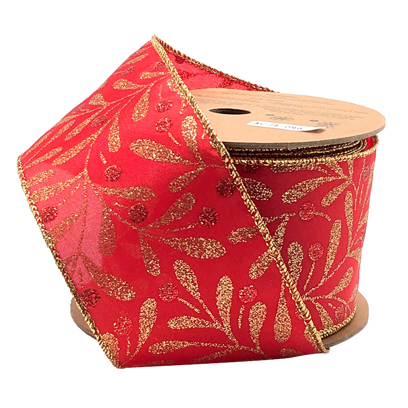 2 1/2" Holiday Wired Ribbon | "Glitter Holly Berry" | 10 Yard Roll