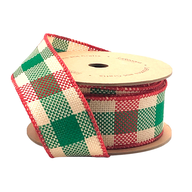 1 1/2" Wired Ribbon | "Check" White/Red/Green | 10 Yard Roll