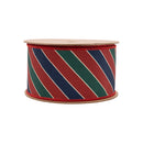 2 1/2" Wired Ribbon | Green and Blue Diagonal Stripes on Red | 10 Yard Roll