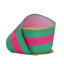 2 1/2" Wired Dupioni Ribbon | Hot Pink and Green Stripe with Pink Backing | 10 Yard Roll