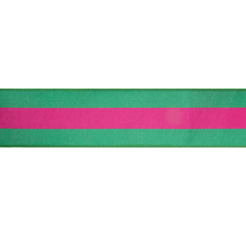 2 1/2" Wired Dupioni Ribbon | Hot Pink and Green Stripe with Pink Backing | 10 Yard Roll