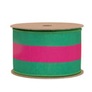 2 1/2" Wired Dupioni Ribbon | Hot Pink and Green Stripe with Pink Backing | 10 Yard Roll