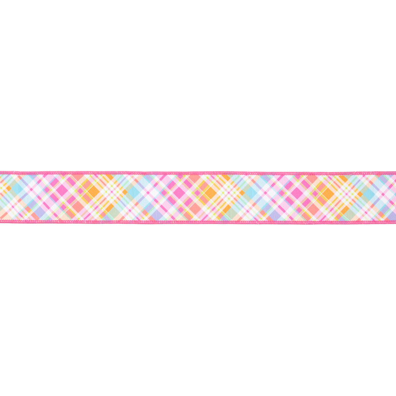 2 1/2" Wired Dupioni Ribbon | Bias Plaid Hot Pink w/ Hot Pink Taffeta Fused Back | 10 Yard Roll
