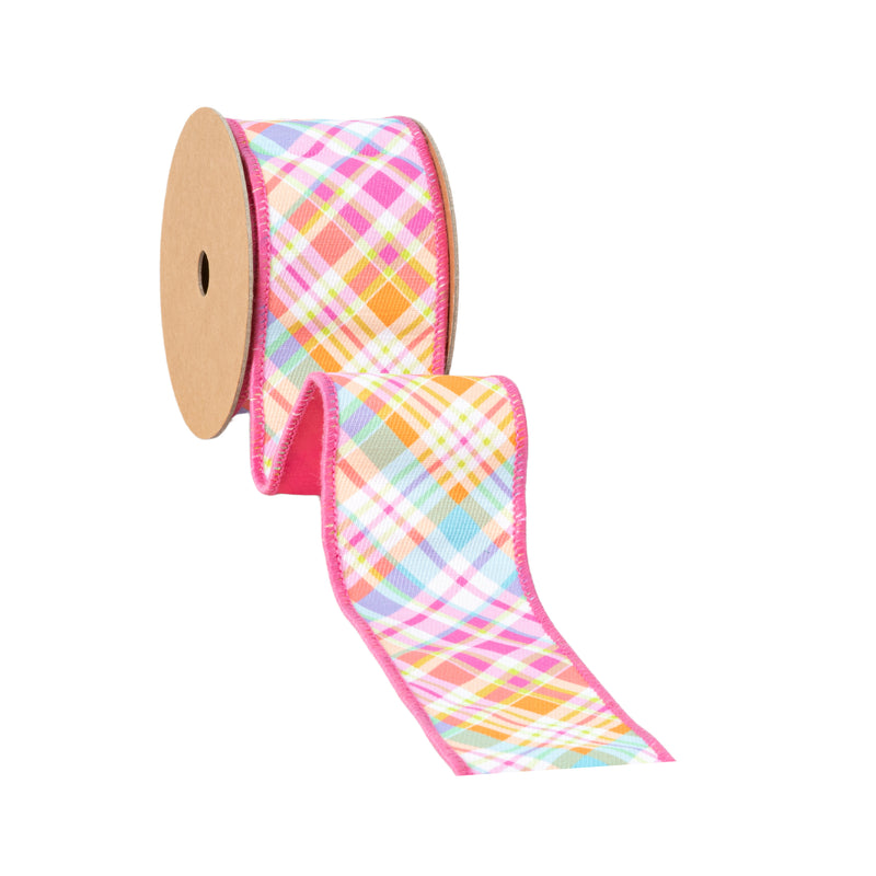 2 1/2" Wired Dupioni Ribbon | Bias Plaid Hot Pink w/ Hot Pink Taffeta Fused Back | 10 Yard Roll