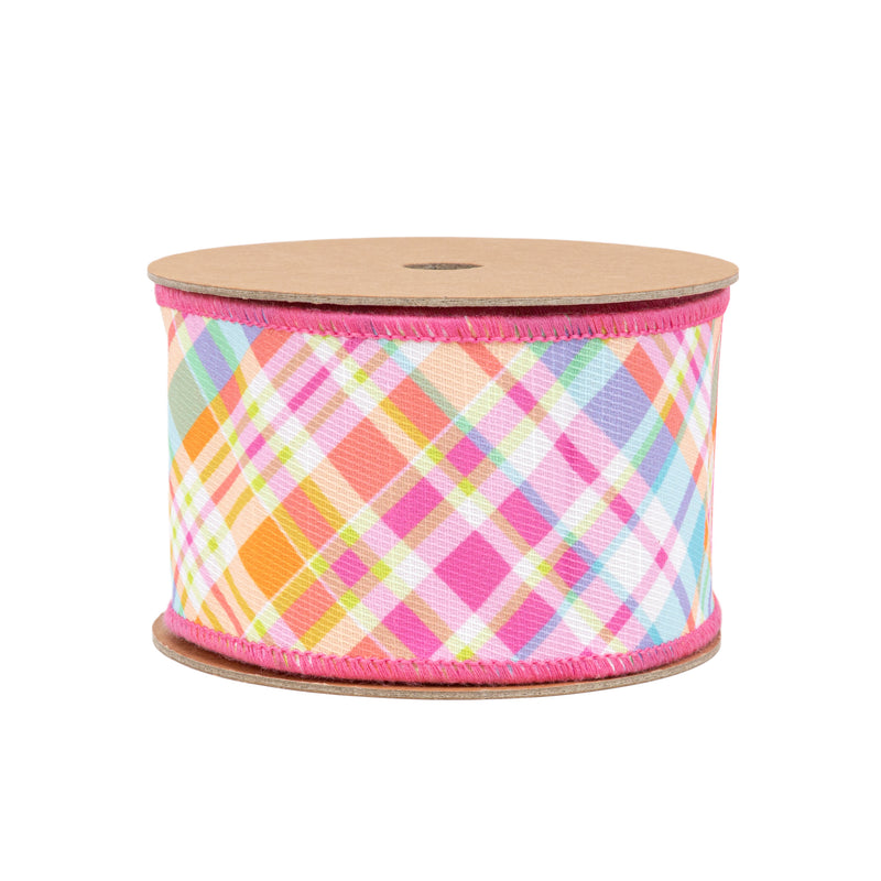 2 1/2" Wired Dupioni Ribbon | Bias Plaid Hot Pink w/ Hot Pink Taffeta Fused Back | 10 Yard Roll