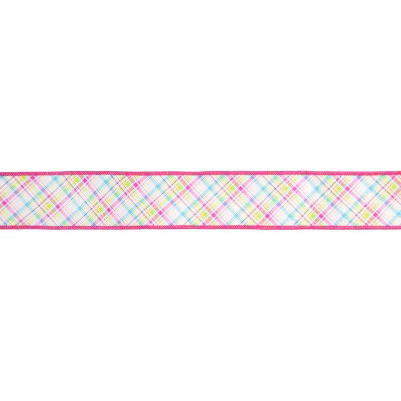 2 1/2" Wired Dupioni Ribbon | Bias Plaid Pink/Blue w/ Pink Taffeta Fused Back | 10 Yard Roll