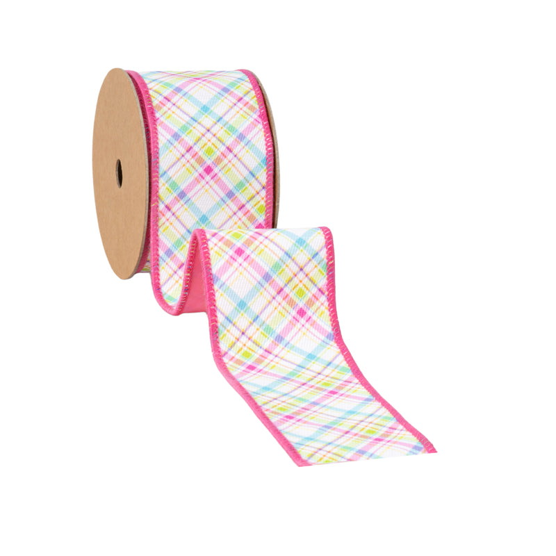 2 1/2" Wired Dupioni Ribbon | Bias Plaid Pink/Blue w/ Pink Taffeta Fused Back | 10 Yard Roll