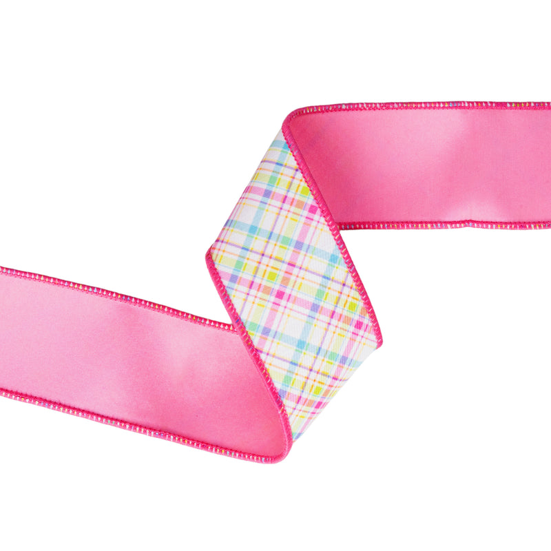 2 1/2" Wired Dupioni Ribbon | Bias Plaid Pink/Blue w/ Pink Taffeta Fused Back | 10 Yard Roll