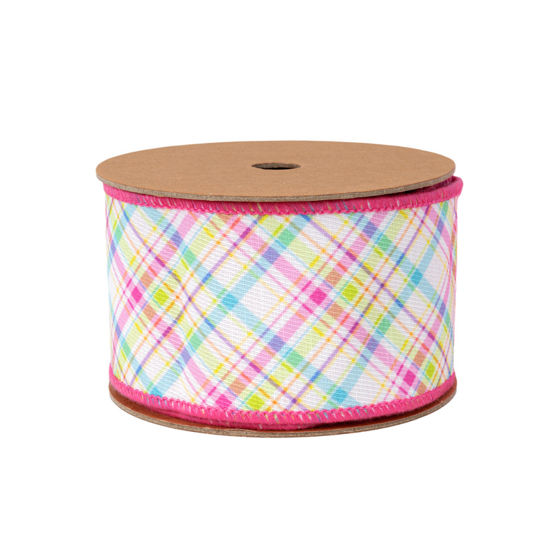 2 1/2" Wired Dupioni Ribbon | Bias Plaid Pink/Blue w/ Pink Taffeta Fused Back | 10 Yard Roll