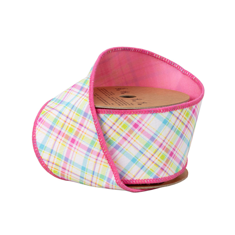 2 1/2" Wired Dupioni Ribbon | Bias Plaid Pink/Blue w/ Pink Taffeta Fused Back | 10 Yard Roll