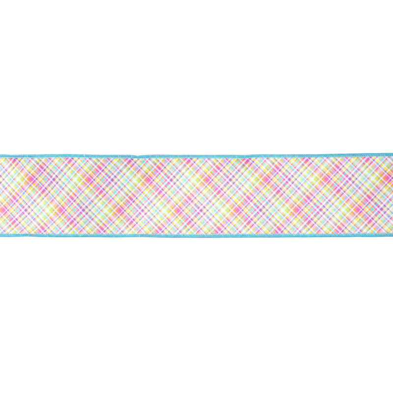4" Wired Dupioni Ribbon | Bias Plaid Blue/Yellow w/ Blue Taffeta Fused Back | 10 Yard Roll