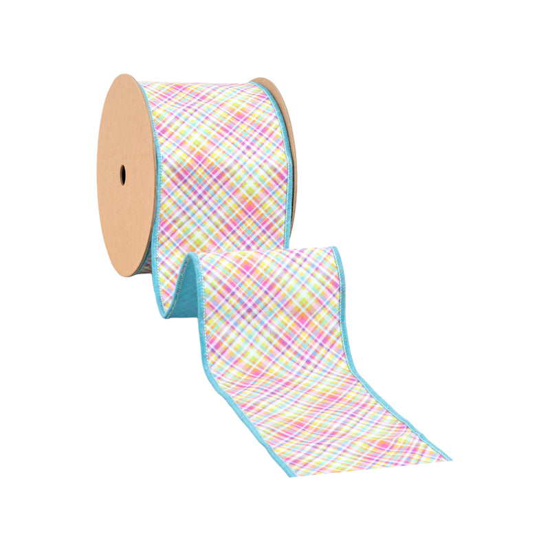 4" Wired Dupioni Ribbon | Bias Plaid Blue/Yellow w/ Blue Taffeta Fused Back | 10 Yard Roll