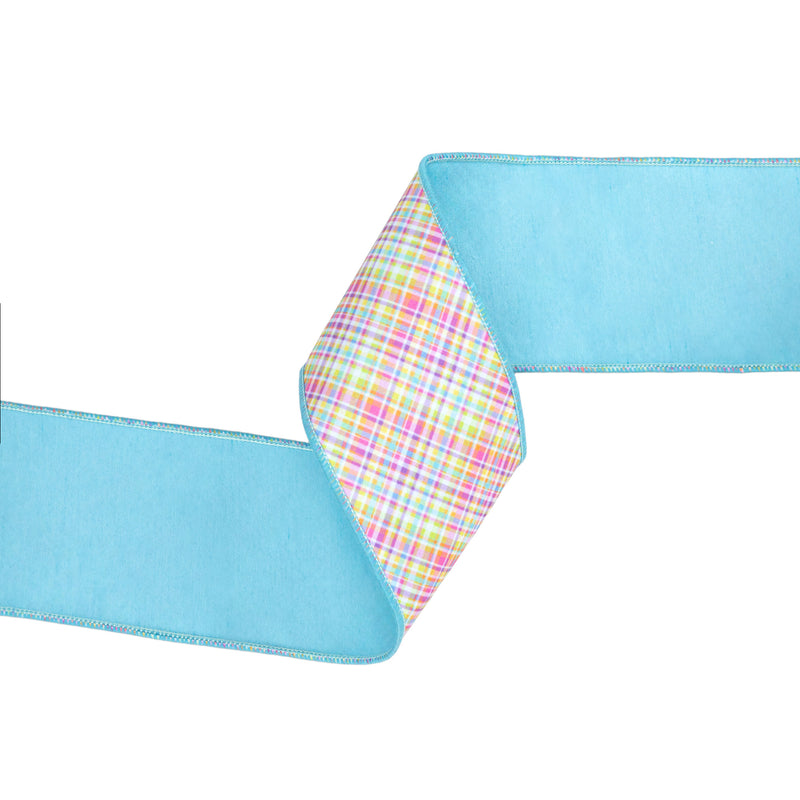 4" Wired Dupioni Ribbon | Bias Plaid Blue/Yellow w/ Blue Taffeta Fused Back | 10 Yard Roll