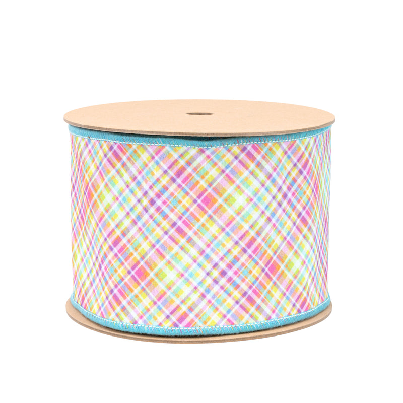 4" Wired Dupioni Ribbon | Bias Plaid Blue/Yellow w/ Blue Taffeta Fused Back | 10 Yard Roll
