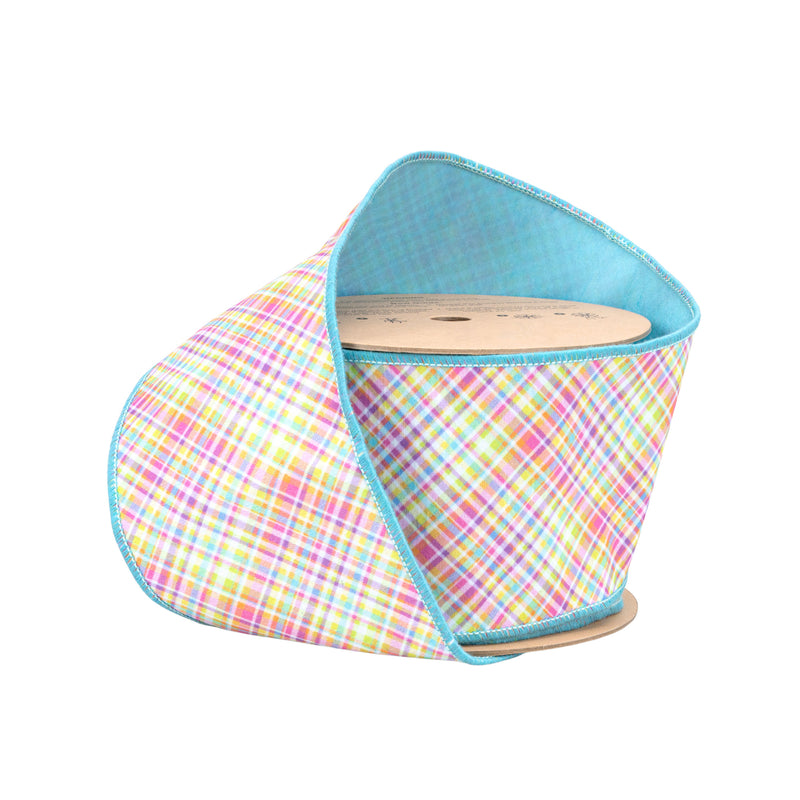 4" Wired Dupioni Ribbon | Bias Plaid Blue/Yellow w/ Blue Taffeta Fused Back | 10 Yard Roll