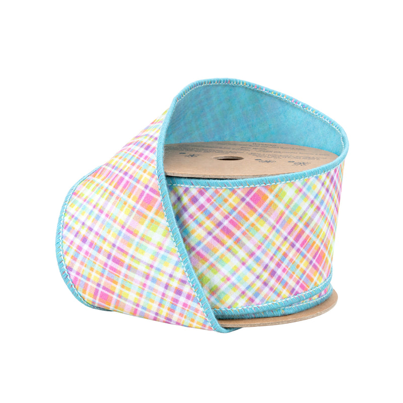 2 1/2" Wired Dupioni Ribbon | Bias Plaid Blue/Yellow w/ Blue Taffeta Fused Back | 10 Yard Roll
