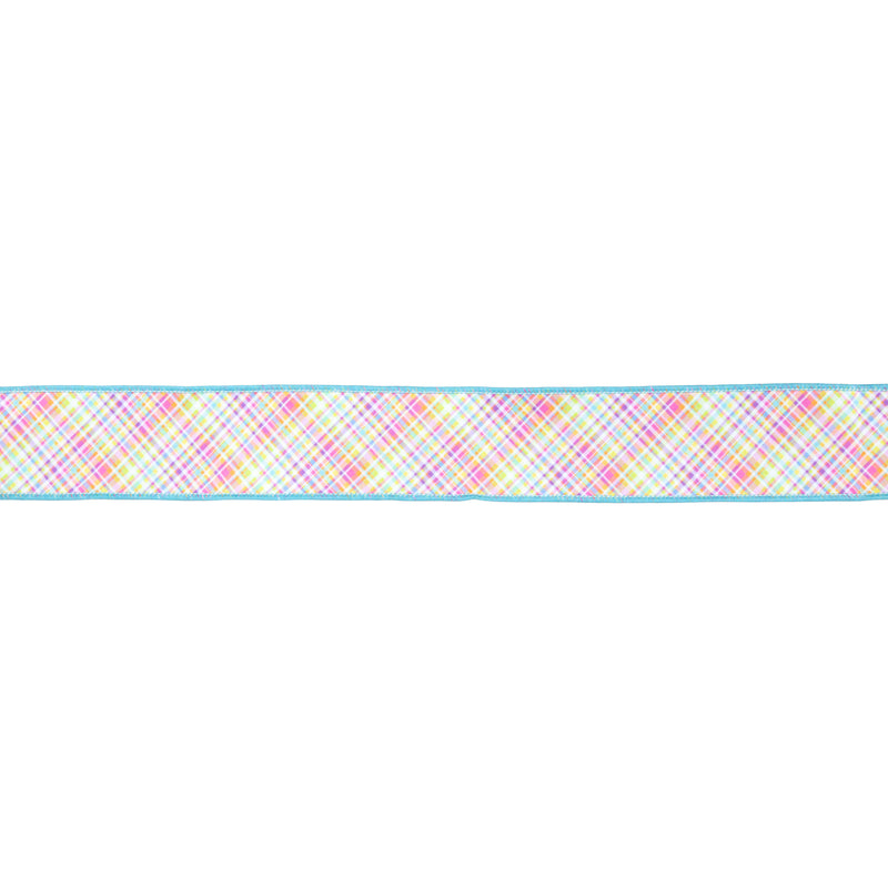 2 1/2" Wired Dupioni Ribbon | Bias Plaid Blue/Yellow w/ Blue Taffeta Fused Back | 10 Yard Roll