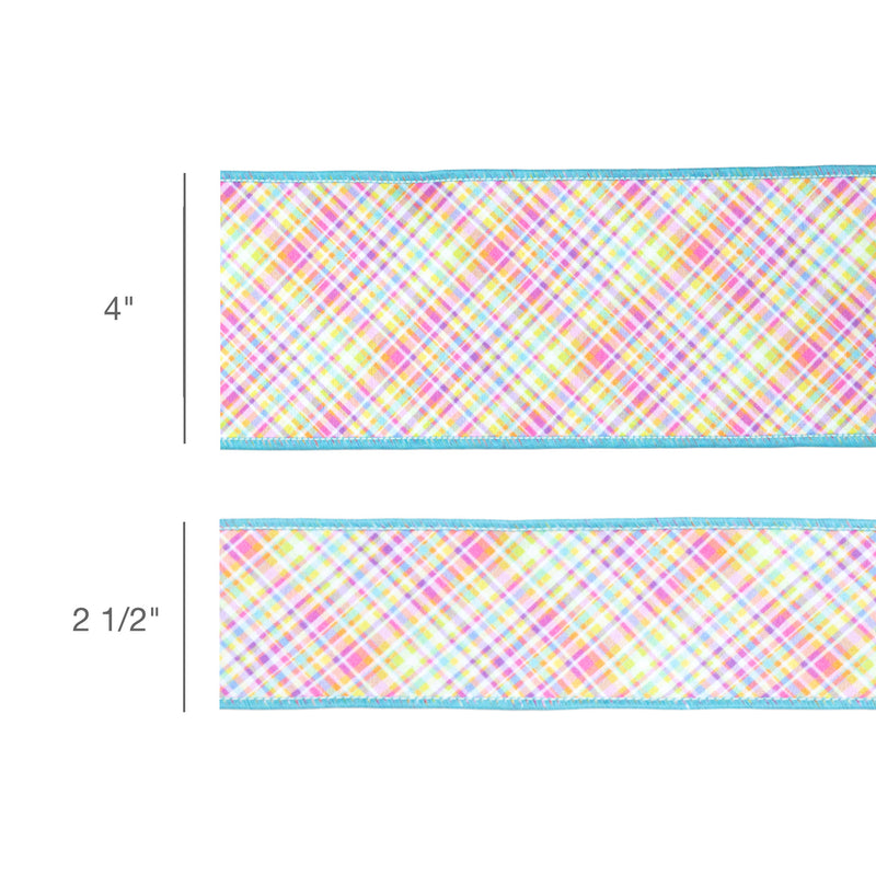 2 1/2" Wired Dupioni Ribbon | Bias Plaid Blue/Yellow w/ Blue Taffeta Fused Back | 10 Yard Roll