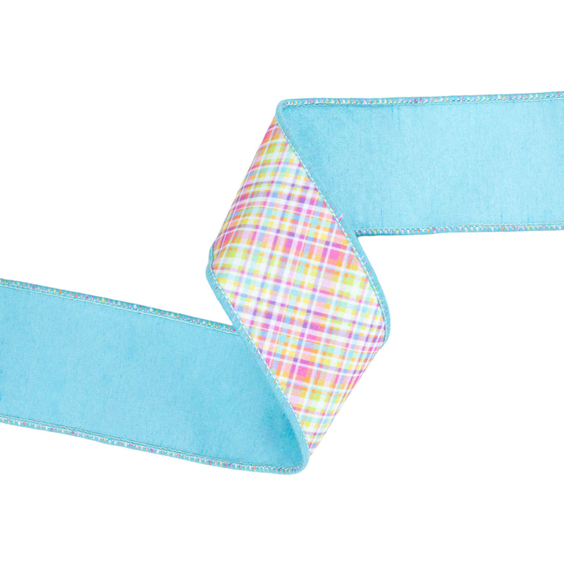 2 1/2" Wired Dupioni Ribbon | Bias Plaid Blue/Yellow w/ Blue Taffeta Fused Back | 10 Yard Roll