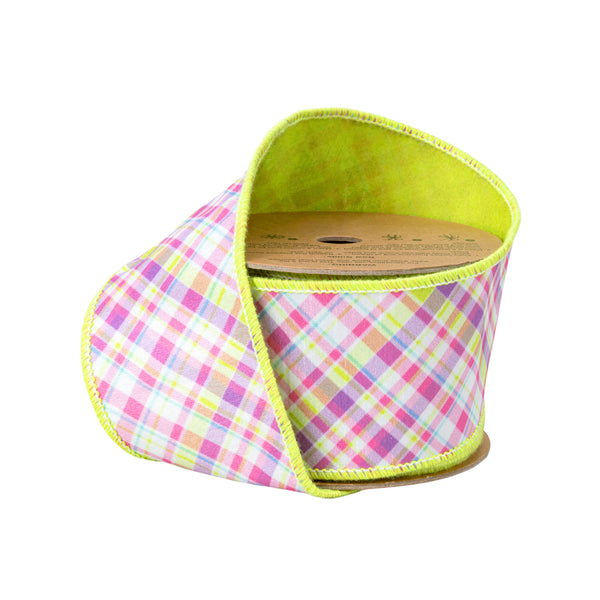 2 1/2" Wired Dupioni Ribbon | Bias Plaid Purple/Green w/ Green Taffeta Fused Back | 10 Yard Roll