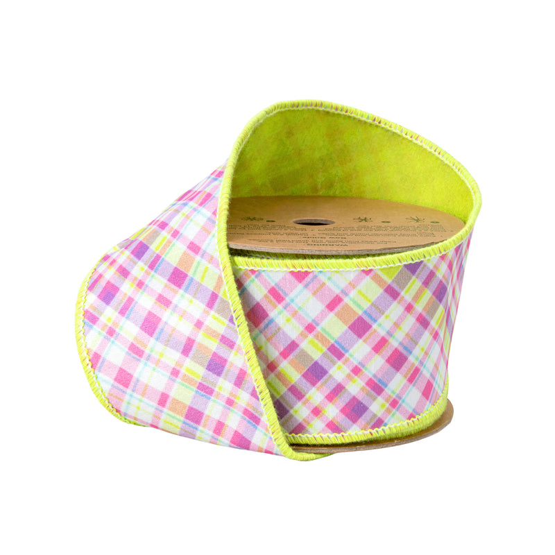 2 1/2" Wired Dupioni Ribbon | Bias Plaid Purple/Green w/ Green Taffeta Fused Back | 10 Yard Roll