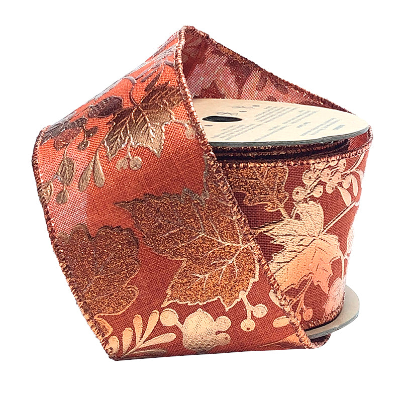 2 1/2" Wired Ribbon | "Metallic Leaf" Rust/Copper | 10 Yard Roll