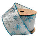 2 1/2" Wired Ribbon | "Glitter Snowflake" White/Turquoise | 10 Yard Roll