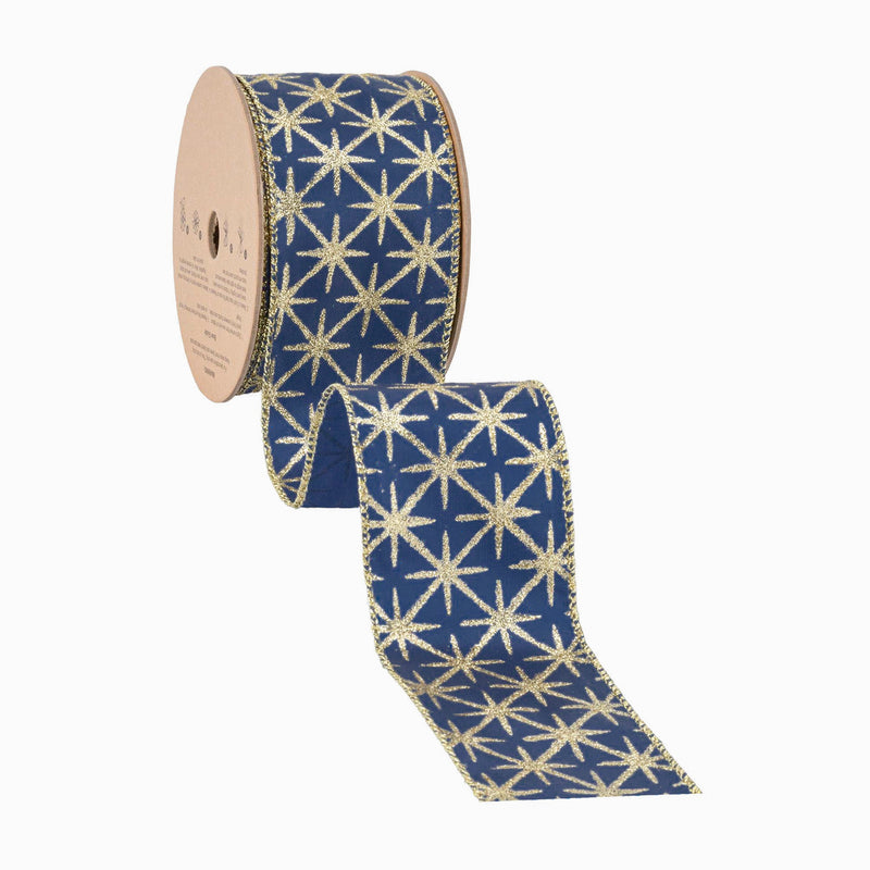 2 1/2" Wired Ribbon | Blue Satin with Gold Stars | 10 Yard Roll