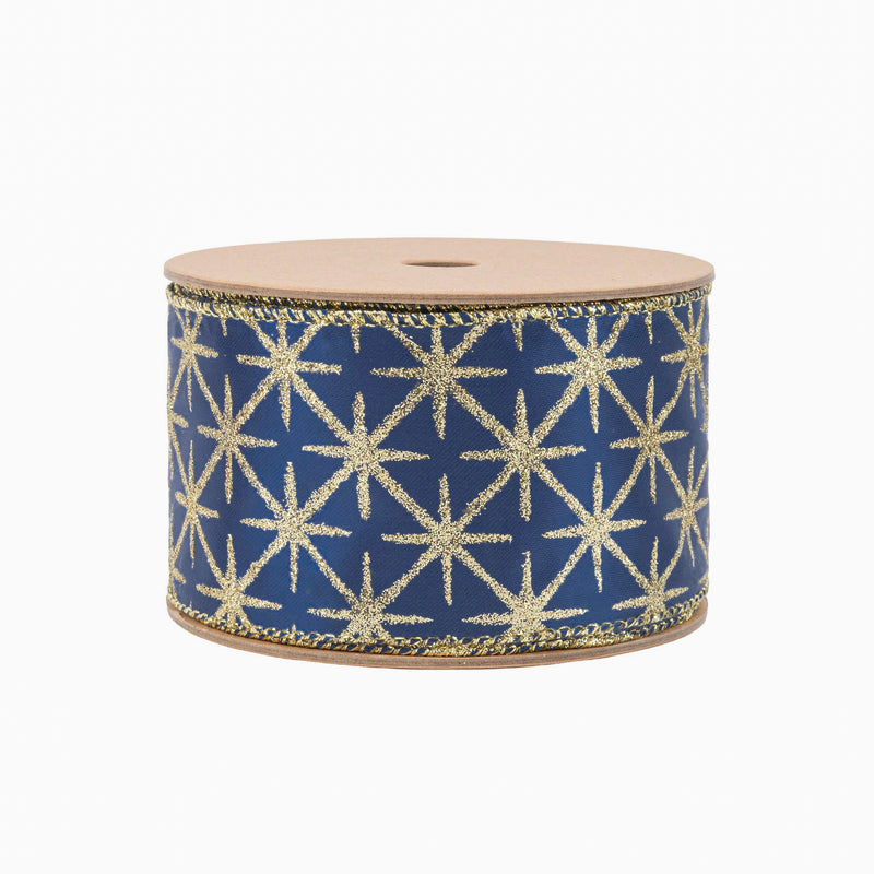 2 1/2" Wired Ribbon | Blue Satin with Gold Stars | 10 Yard Roll