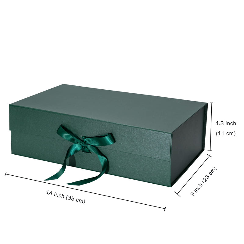 14" x 9" x 4.3" Collapsable Gift Box w/ Satin Ribbon & Magnetic Square Flap Lid (2-pack) | Green