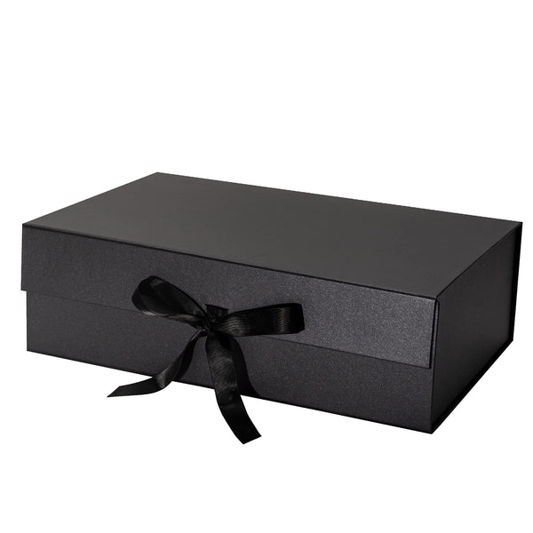 14" x 9" x 4.3" Collapsable Gift Box w/ Satin Ribbon & Magnetic Square Flap Lid | Black