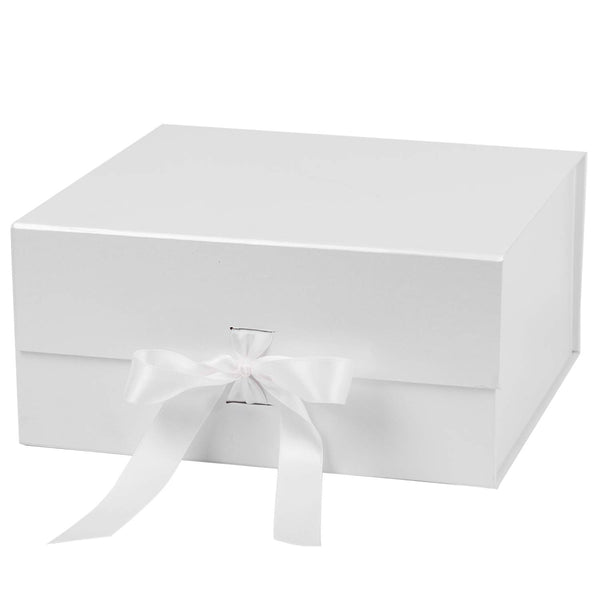 8" x 8" x 4" Collapsable Gift Box w/ Satin Ribbon & Magnetic Square Flap Lid | White
