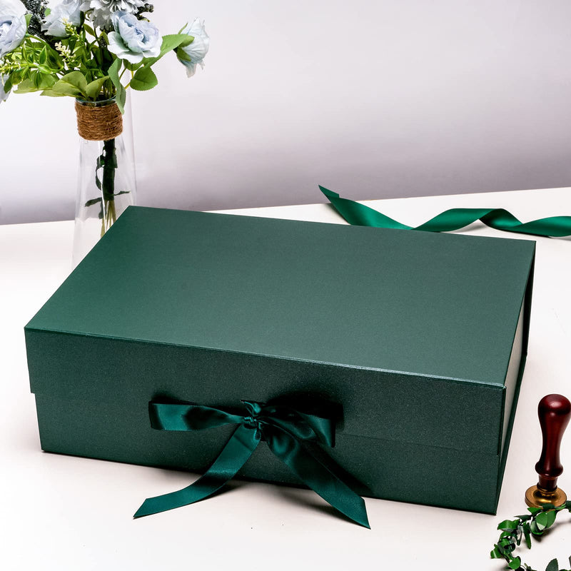 14" x 9" x 4.3" Collapsable Gift Box w/ Satin Ribbon & Magnetic Square Flap Lid (2-pack) | Green