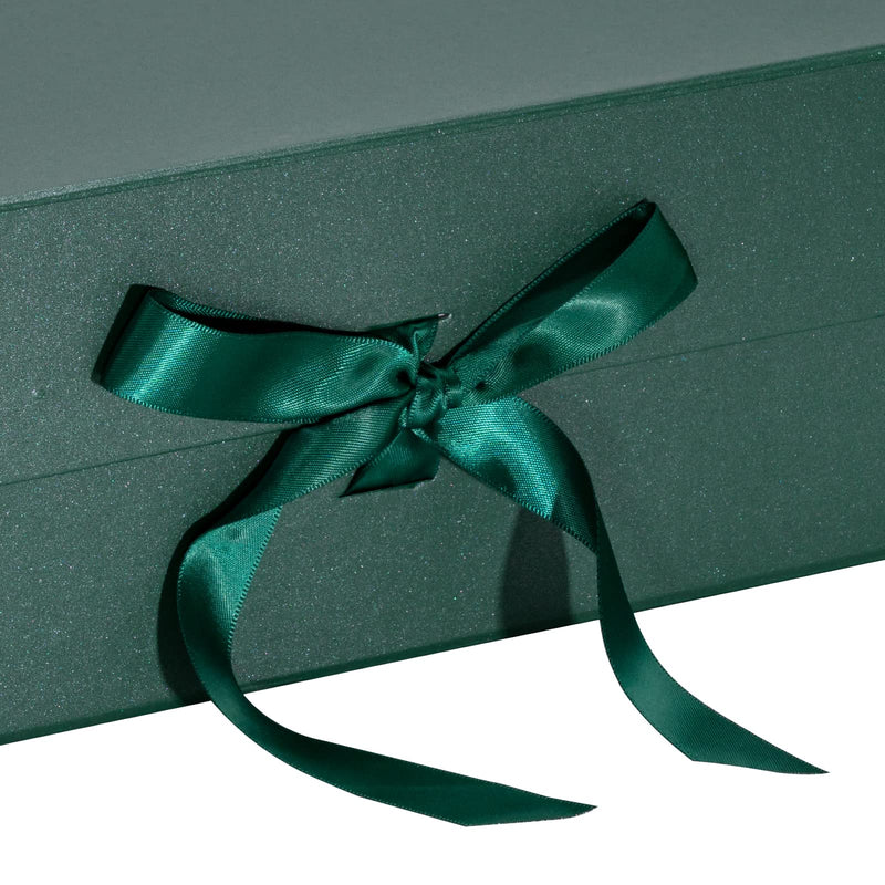 14" x 9" x 4.3" Collapsable Gift Box w/ Satin Ribbon & Magnetic Square Flap Lid (2-pack) | Green